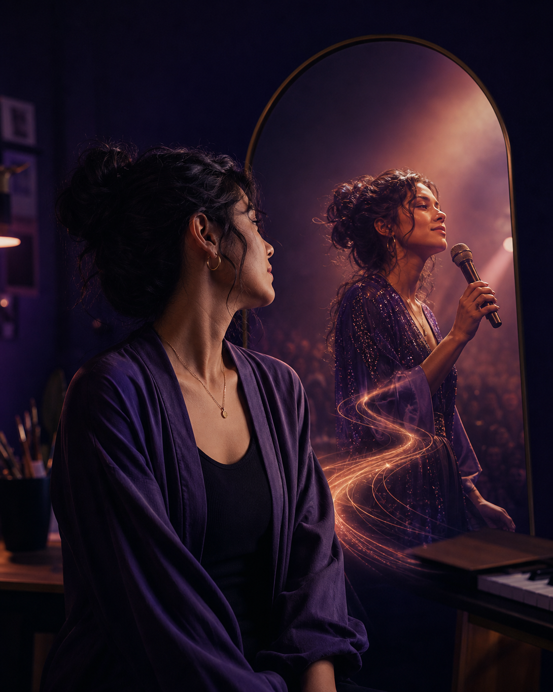 A person reflected as a musician performing on stage